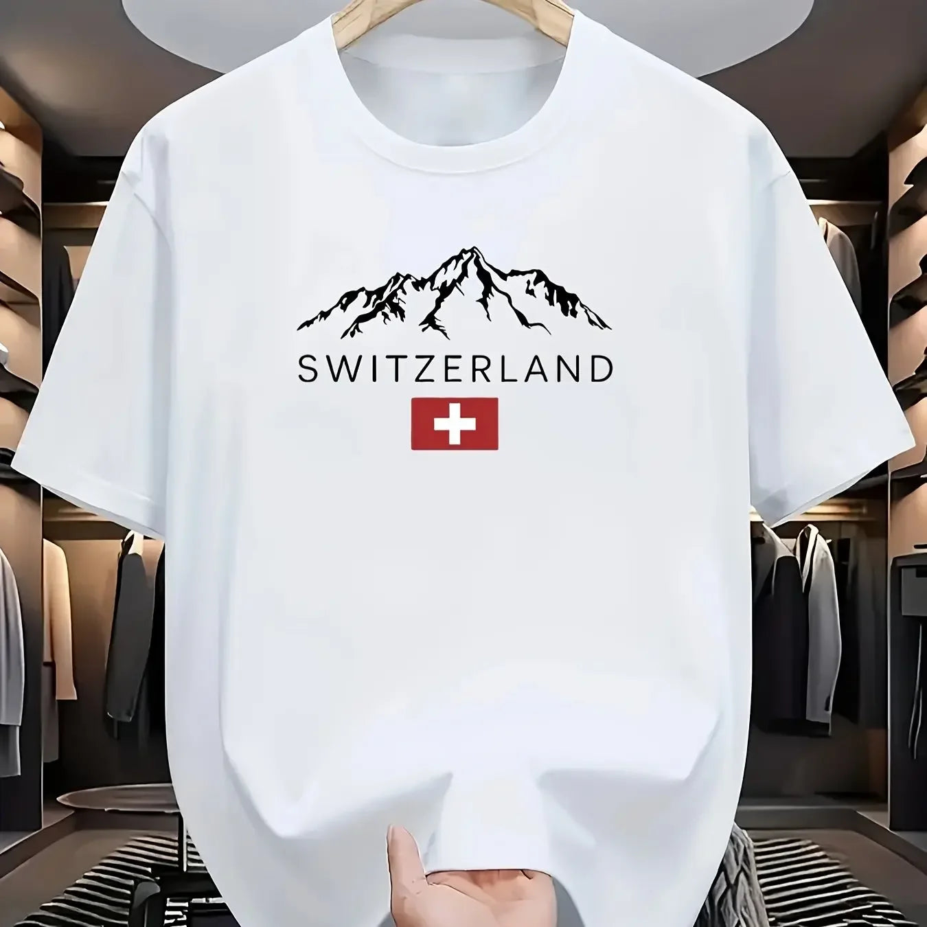 2025 New European Men's Summer 100% Pure Cotton Fashionable Casual Sporty Swiss mountain Pattern Printed round-neck short-sleeve - Ellianto fashion Men's