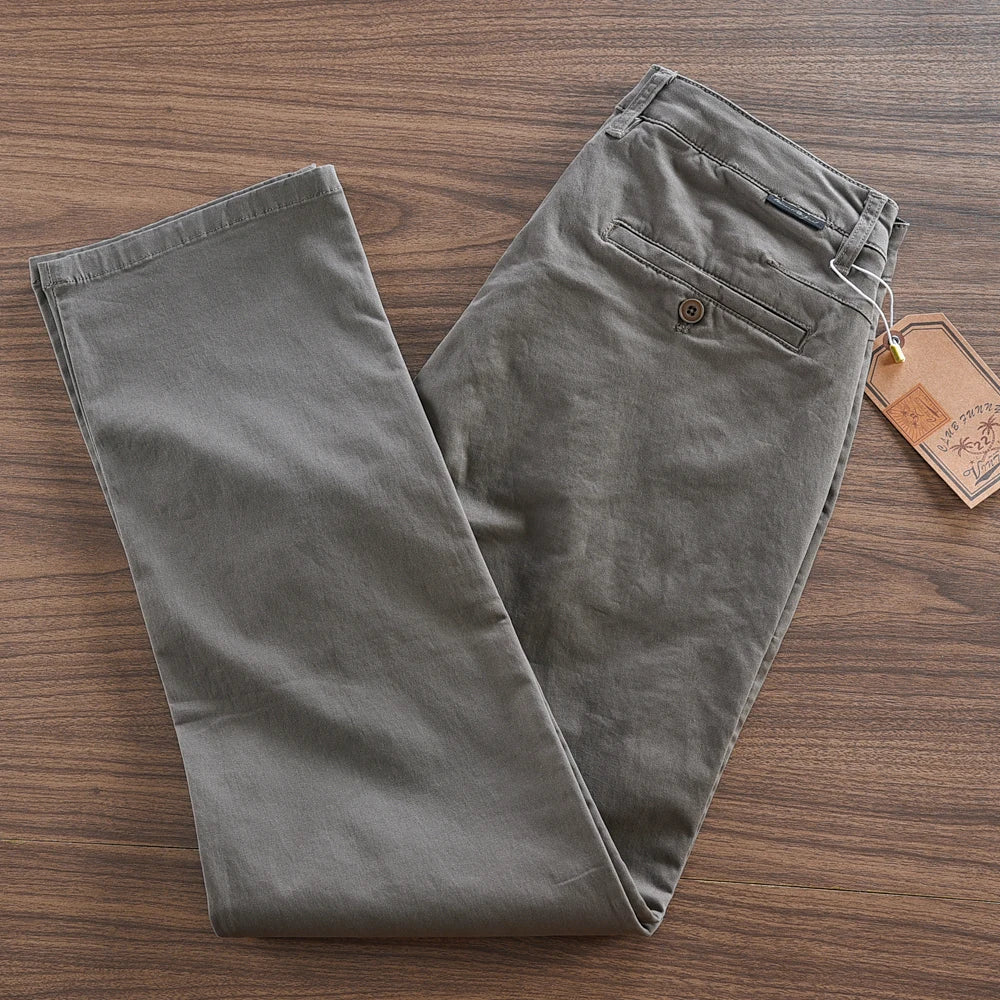 2025 Autumn New American Retro Woven Twill Cargo Pants Men's Simple 97.4% Cotton Washed Micro Elastic Straight Casual Trousers - Ellianto fashion Men's