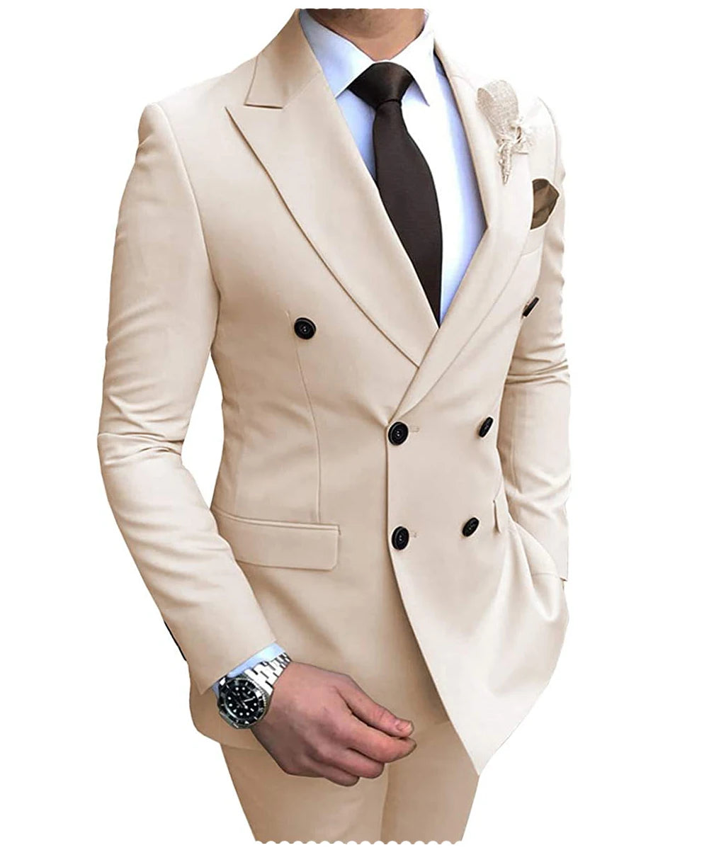 2025 New Beige Men's Suit 2 Pieces Double Breasted Notch Lapel Flat Slim Fit Casual Tuxedos For Wedding(Blazer+Pants)