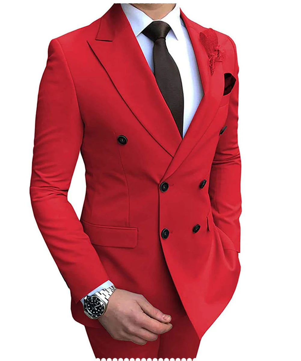 2025 New Beige Men's Suit 2 Pieces Double Breasted Notch Lapel Flat Slim Fit Casual Tuxedos For Wedding(Blazer+Pants)