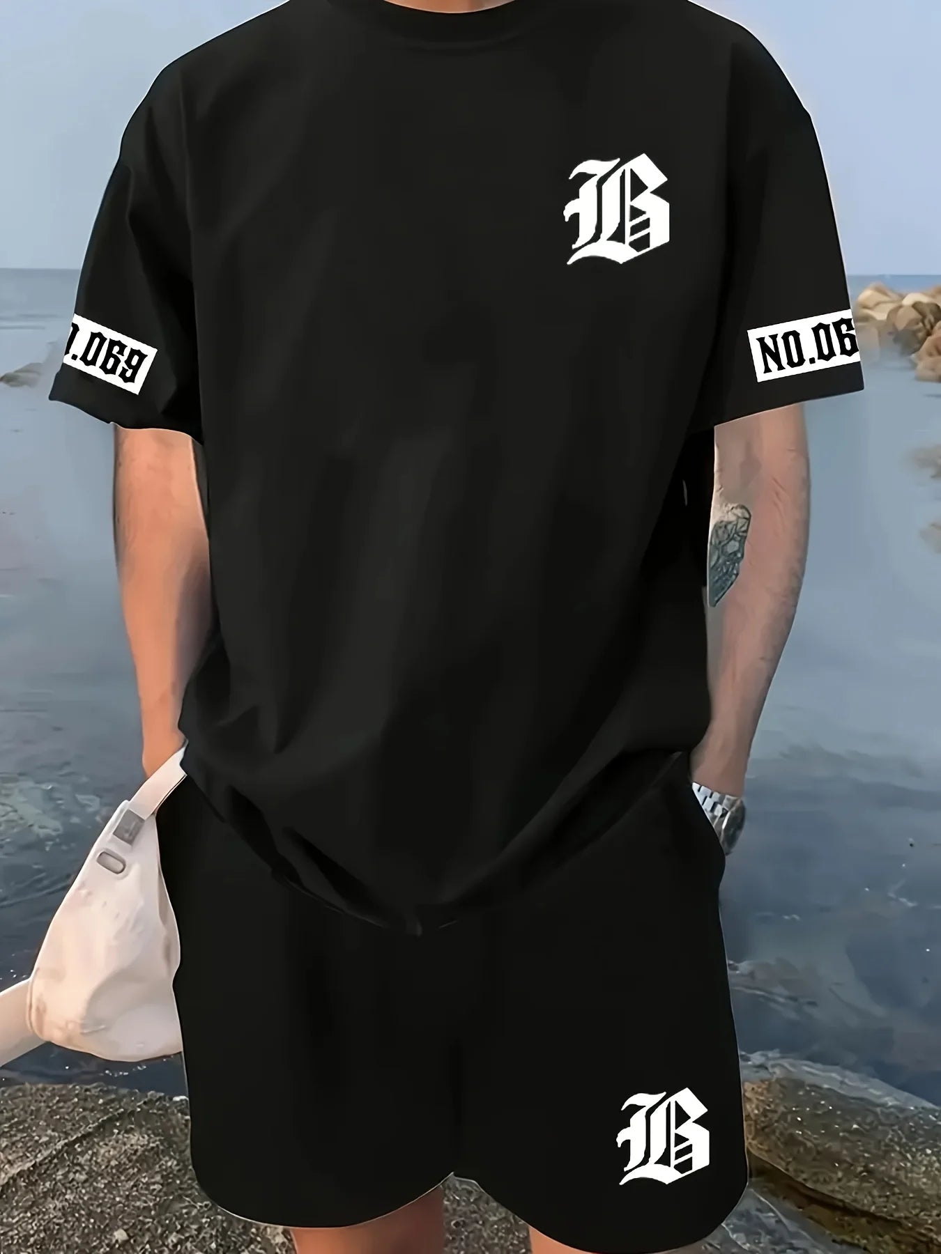 2025 Summer new men's set letter print casual fashion T-shirt Short sleeve shorts Sportswear casual everyday wear for both men a - Ellianto fashion Men's