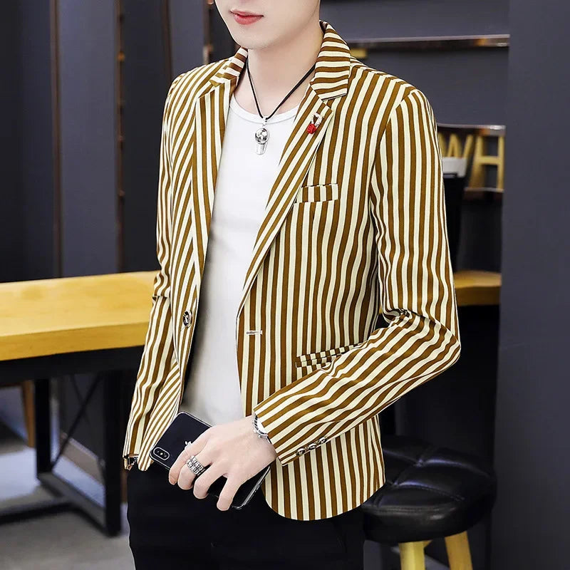 Mens Blazer Jacket 2025 New Suit Male Casual Korean Style Trendy Slim Striped Student Small Suit Jacket Hair Stylist Single Top - Ellianto fashion Men's