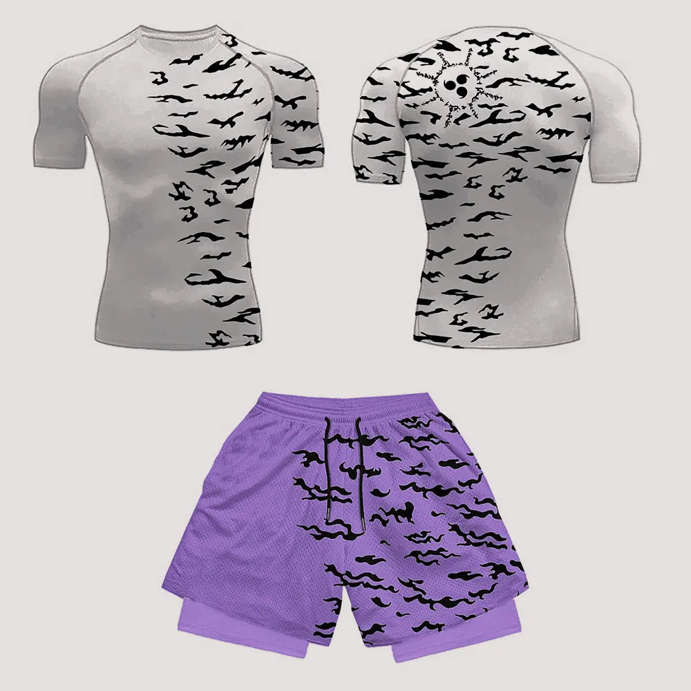 Men’s Anime Print Tracksuit – 2-Piece Breathable Sports Set with T-Shirt, Shorts & Joggers