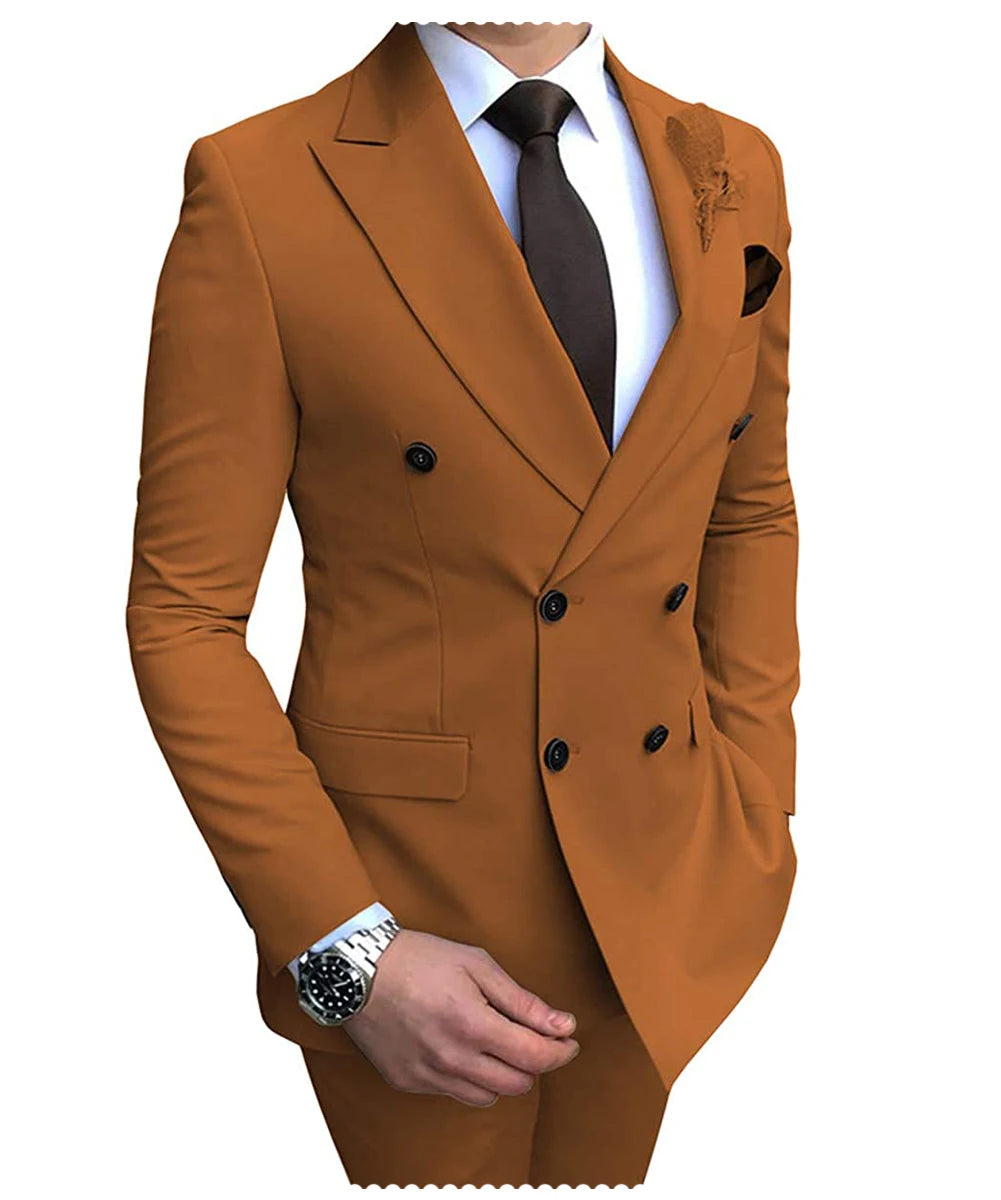 2025 New Beige Men's Suit 2 Pieces Double Breasted Notch Lapel Flat Slim Fit Casual Tuxedos For Wedding(Blazer+Pants)