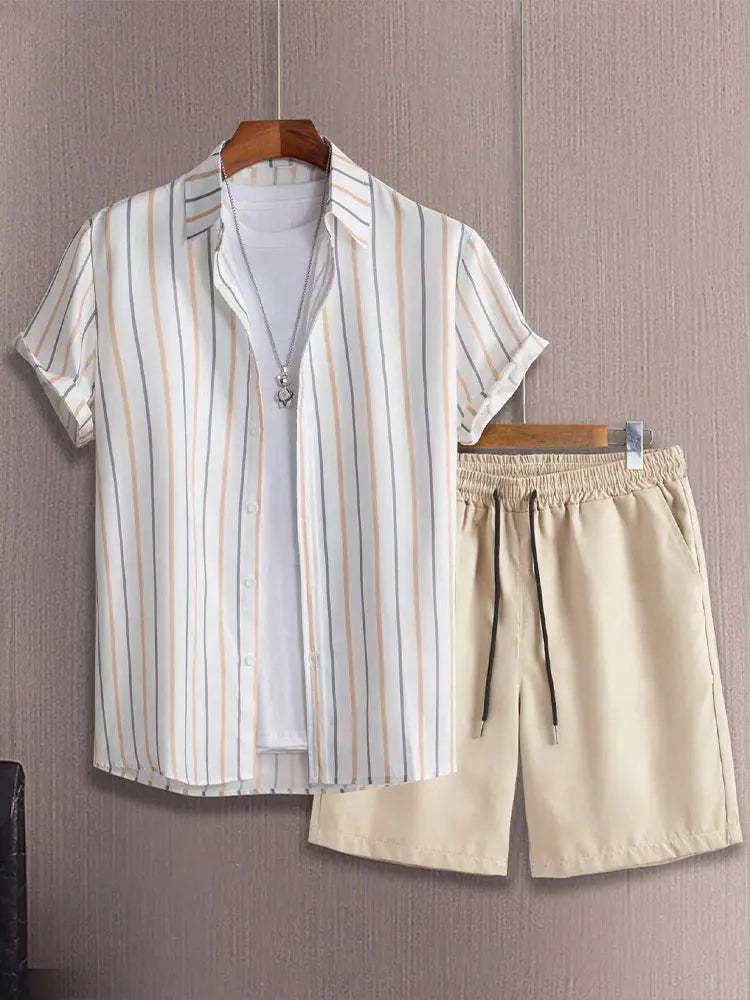 Set New Palm Leaf Print Men's Casual Shirt Hawaiian Men's Beach Shorts Summer Everyday Short-sleeved Shirt And Sports Shorts Set - Ellianto fashion Men's