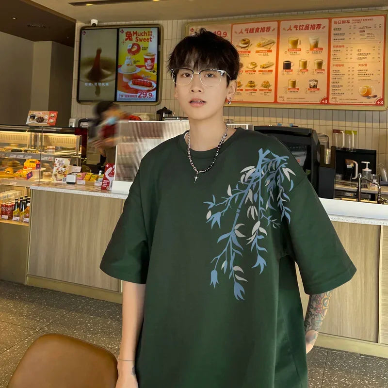 Men's Oversized T-shirts Mens Cotton T Shirt White 5XL Casual Summer Wear Fashion Bamboo Print Tee Shirts for Men Clothing - Ellianto fashion Men's