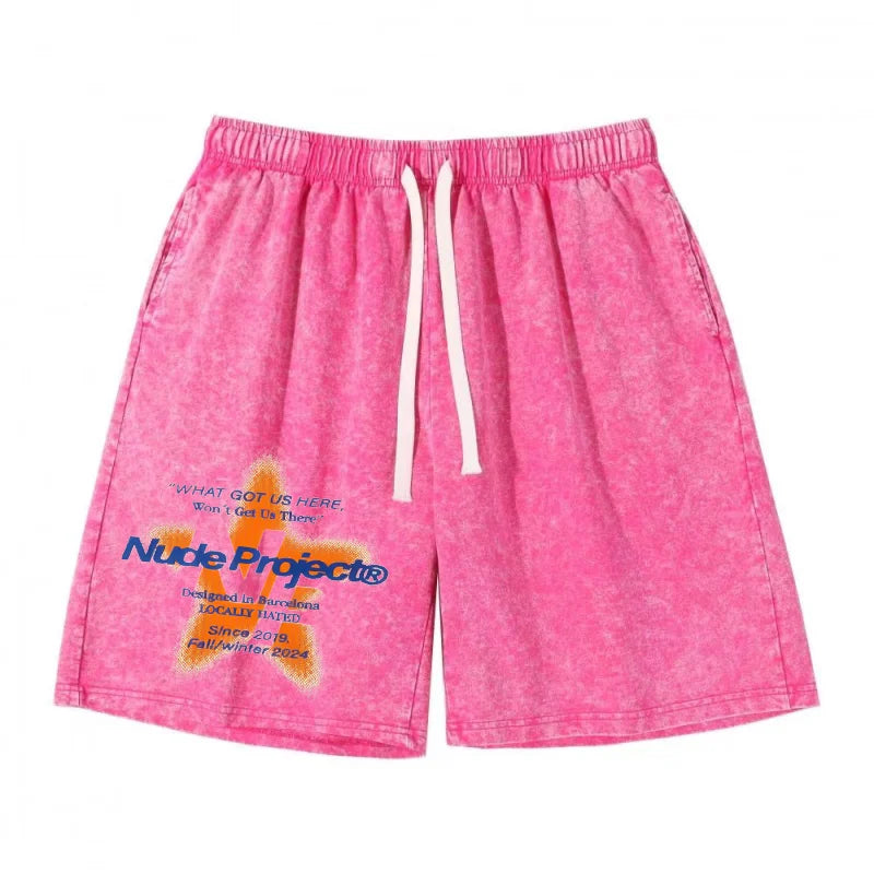Set Summer Men's Sport Shorts Holiday Sportswear Five Star Print Acid Washed Drawstring Short Retro Old School Wearing Bottoms - Ellianto fashion Men's