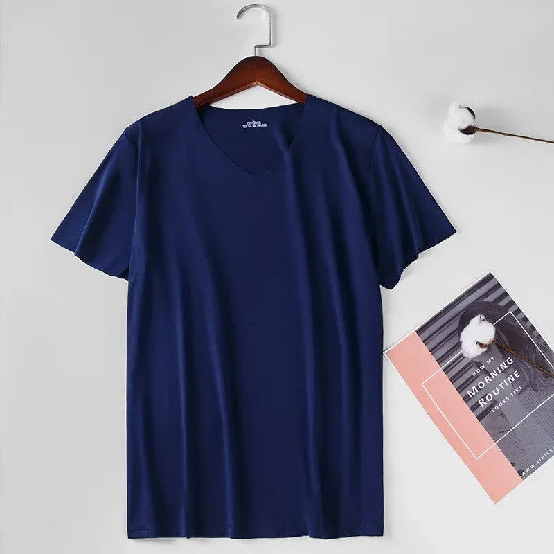 Men's Skinny Undershirt Plus Size Ice Silk Basic Shirts Breathable V-Neck Seamless T-shirt Underwear Thin Slim Bottoming Shirt - Ellianto fashion Men's
