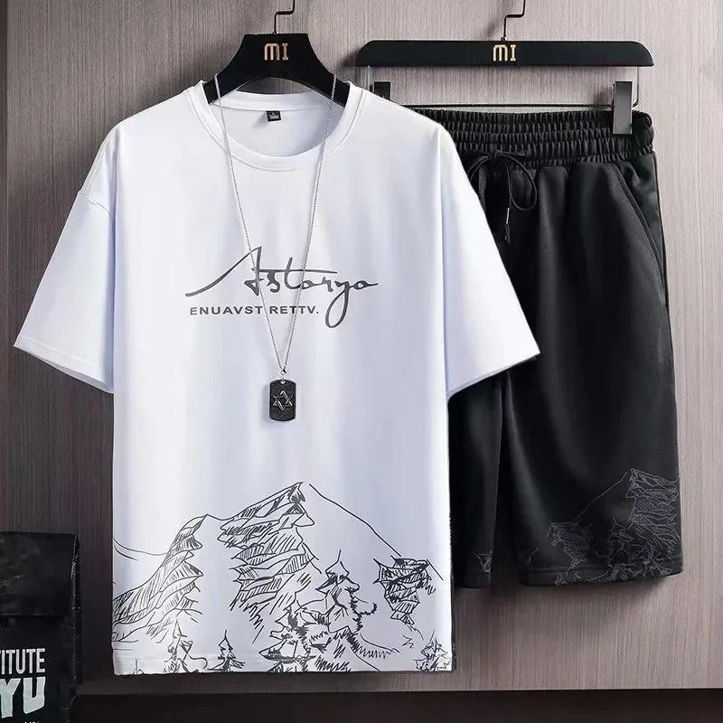 Men's Ice Silk Short Sleeve T-Shirt Suit Summer New Digital Printing Fashionable Korean Style Slims Smooths Your Silhouette Spor - Ellianto fashion Men's