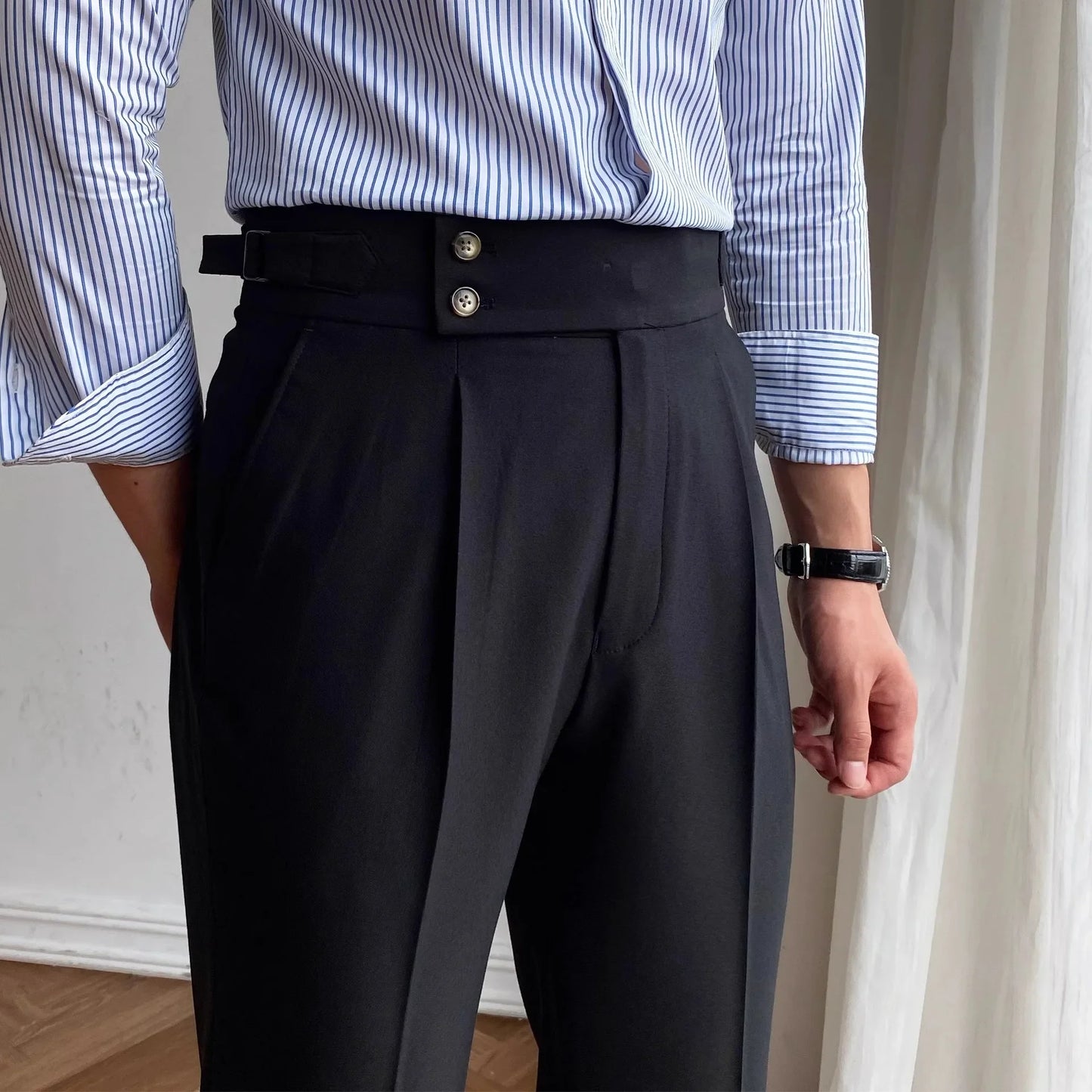 Fashionable High-End Men's Casual Pants Naples Straight Leg Non-Iron Business Paris Buckle High Waist Long Trousers - Ellianto fashion Men's