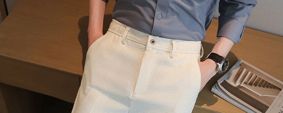 Trousers For Men Social Tailoring Slim Fit Khaki Business Waffle Tressed Work Wear Man Suits Pants Luxury Luxury Spring Clothes - Ellianto fashion Men's