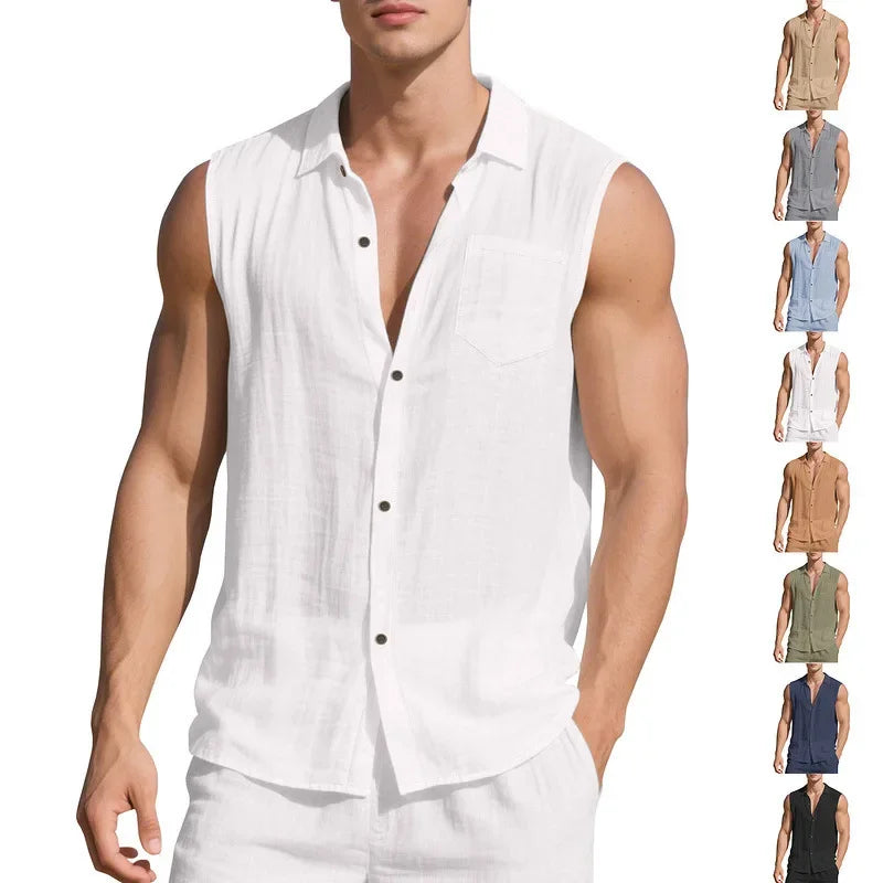 Men’s Summer Linen Sleeveless Open Shirt – Lightweight, Breathable Comfort with Relaxed, Sophisticated Style for the Modern Gentleman