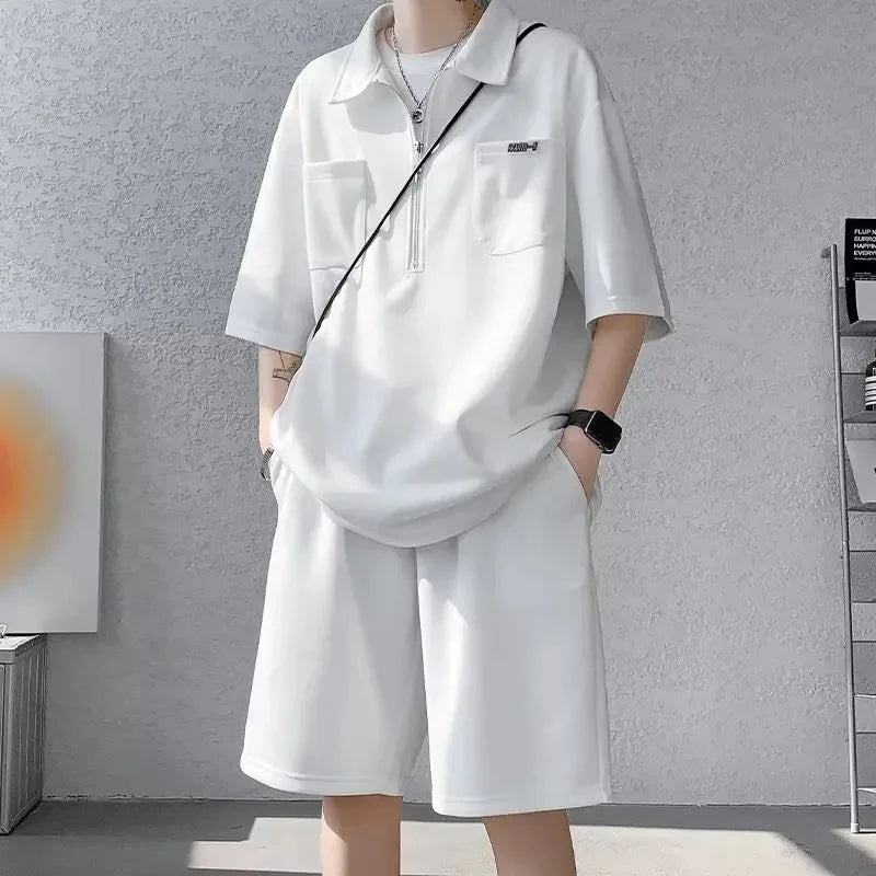 Ice Silk Short Sleeve Polo Shirt Men Summer Trendy Shorts Casual Sports Set Seven Half Zipper Comfortable Thin Male Clothing - Ellianto fashion Men's