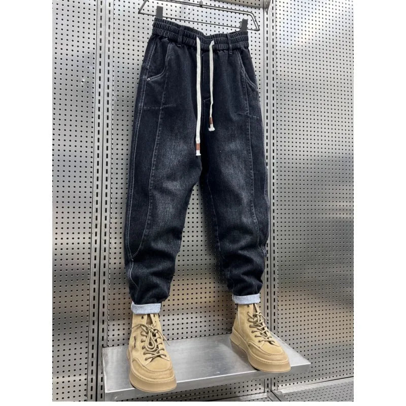 New 2025 Designer Clothes Man Vintage Retro Men's American Style Loose Wide Leg Harem Jeans with Fleece Lining Low Rise Jeans - Ellianto fashion Men's