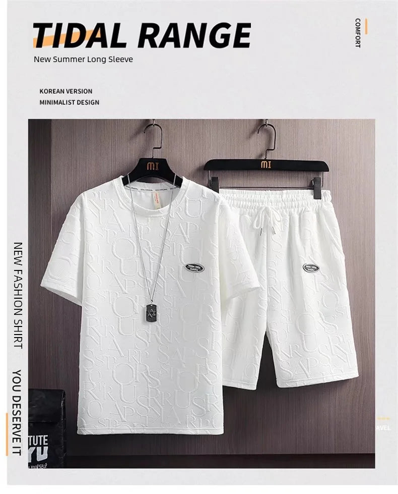 Summer Fashionable Korean Style Men's Short Sleeve Suit Versatile Waist Checked Five-point Shorts T-shirt Set Casual Wear - Ellianto fashion Men's