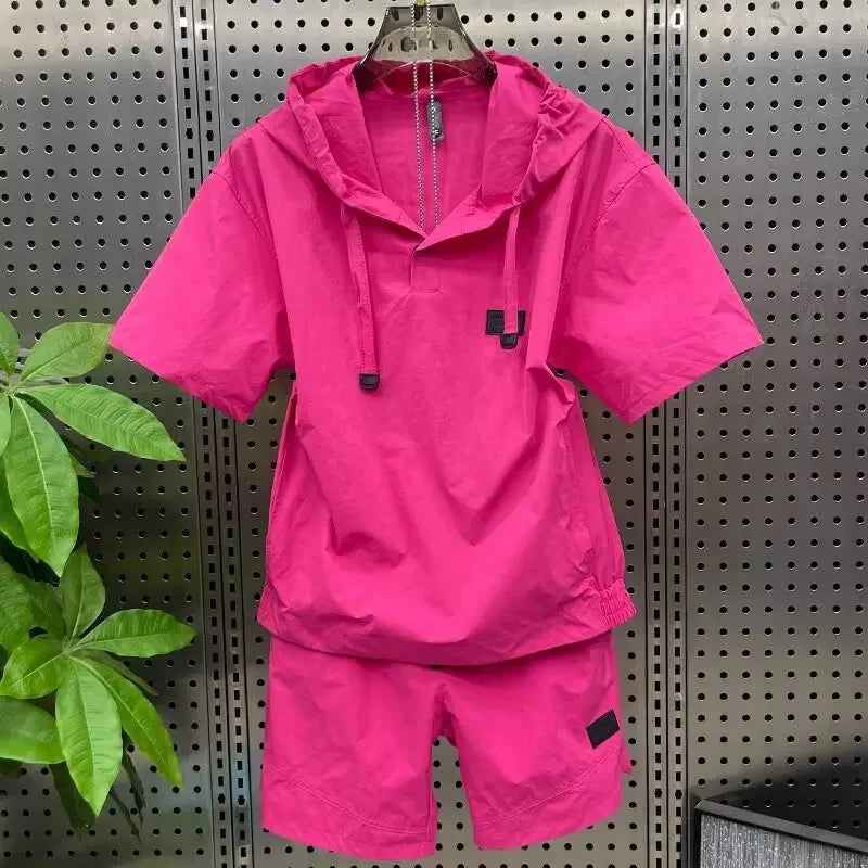 Men's Summer Quick Dry Sun Protection Set Loose Fit Short Sleeve Hoodie Two Piece Suit Thin Material Comfortable Breathable - Ellianto fashion Men's