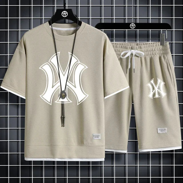 Set New summer men's fashion clothing: short-sleeved men's sportswear, Korean-style sportswear, waffle checkered two-pie - Ellianto fashion Men's
