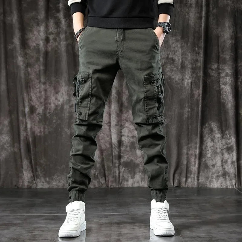 Trendy Men's Spring Autumn Cargo Pants Slim Fit Casual Style Loose Fit American Style Multiple Pocket Small Foot Pants Black - Ellianto fashion Men's