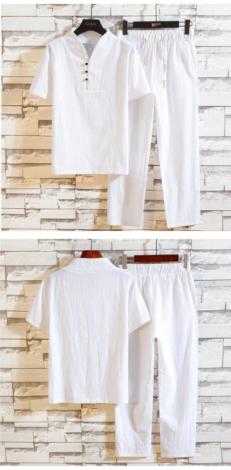Linen Suit Men's Summer Short Sleeve Hanfu Ancient Buddhist System Zhenshi V-neck T-shirt Cotton Linen 2-piece Set - Ellianto fashion Men's