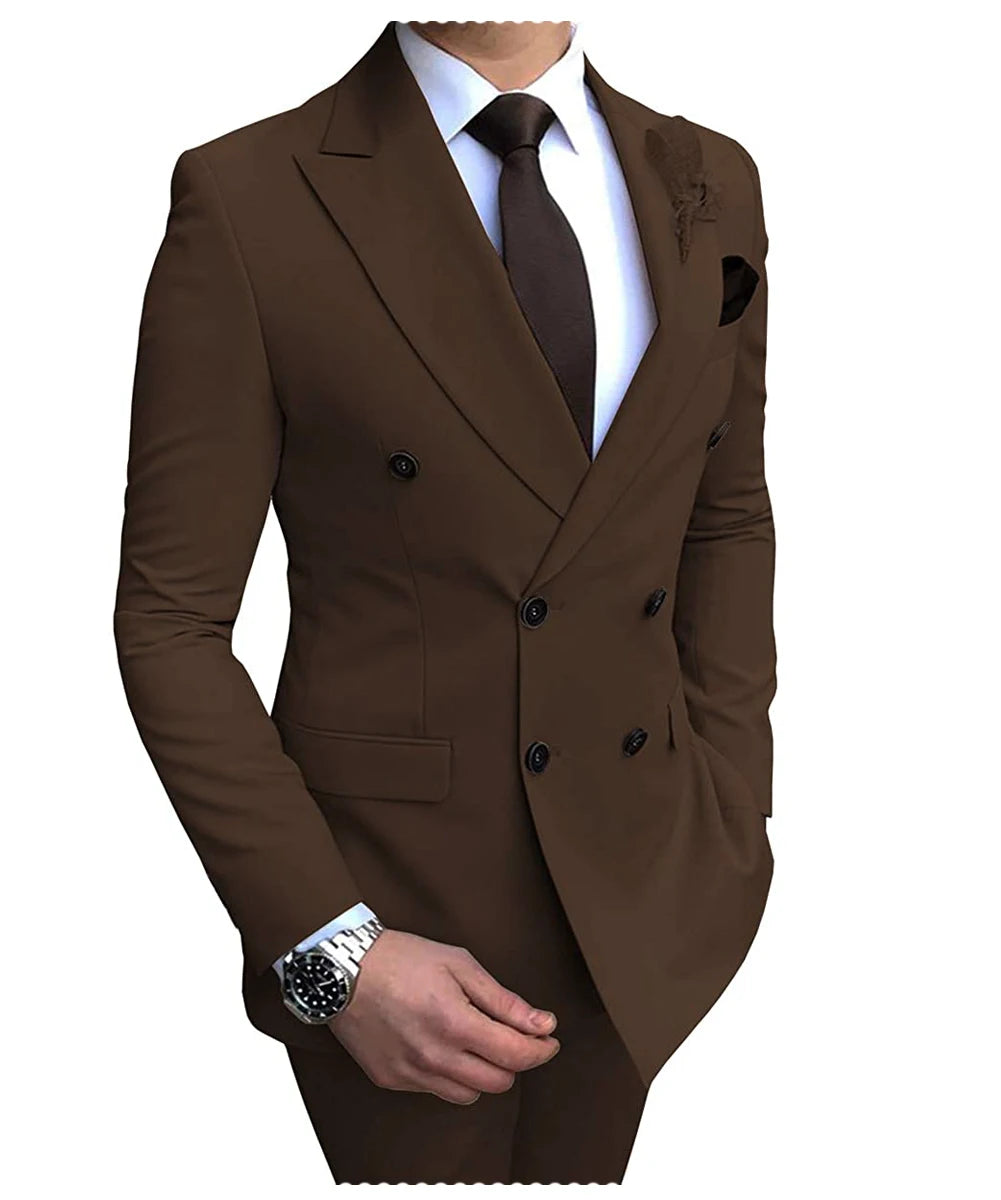 2025 New Beige Men's Suit 2 Pieces Double Breasted Notch Lapel Flat Slim Fit Casual Tuxedos For Wedding(Blazer+Pants)