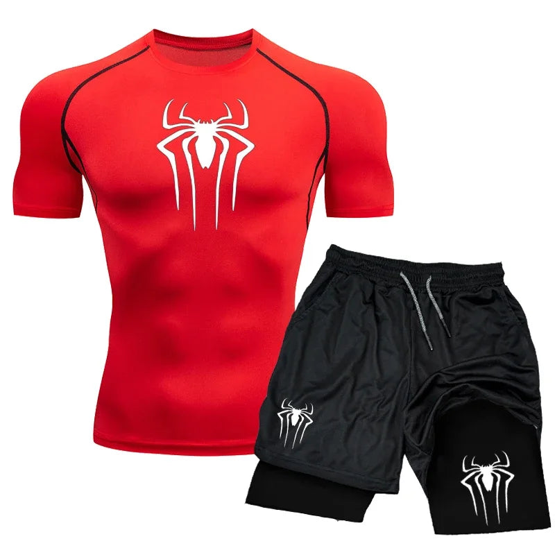 Men’s Spider-Print Compression Sports Set – Lightweight Quick-Dry Gym T-Shirt & Shorts for Effortless 2-Piece Training Comfort