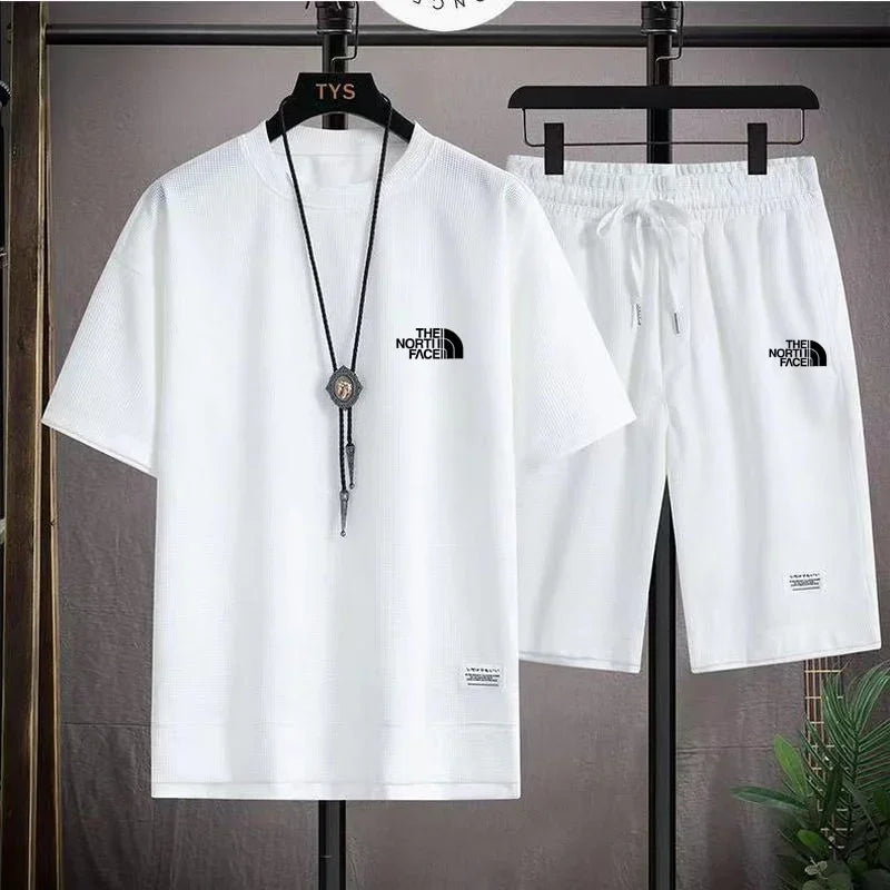Set 2025 Summer Men's fashion breathable short-sleeved T-shirt + jogging Shorts two-piece fitness training suit Casual set - Ellianto fashion Men's