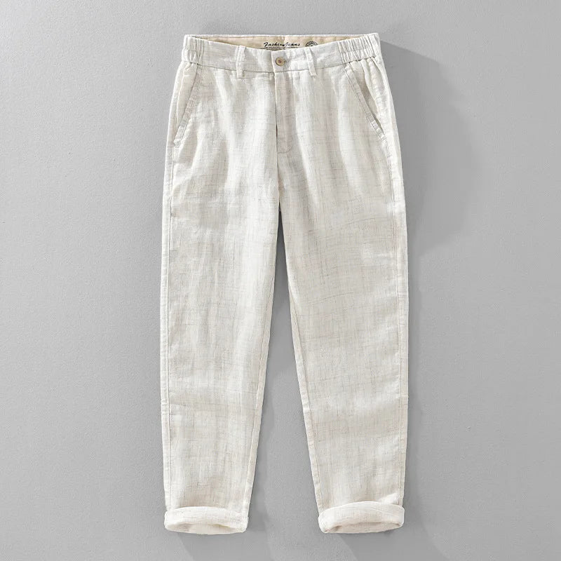 2025 Summer New Casual Pure Linen Slim Pants for Men Clothing Breathable Solid Color Slim-fit Straight Pants EC1359