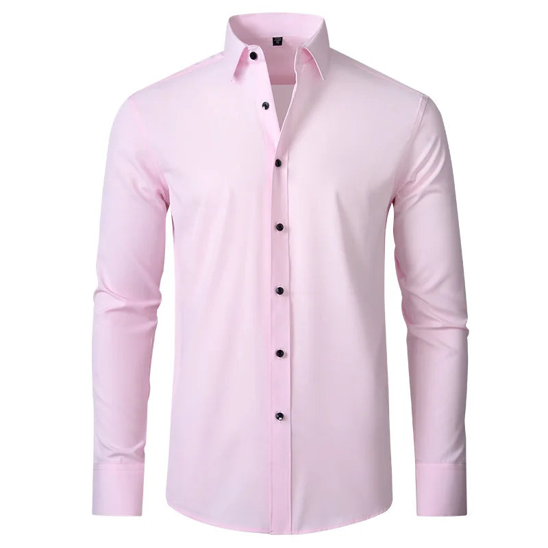 High Elasticity Seamless Spandex Shirt Men Long Sleeve Slim Fit Casual Solid Color Social Formal Dress Shirts 2025 - Ellianto fashion Men's