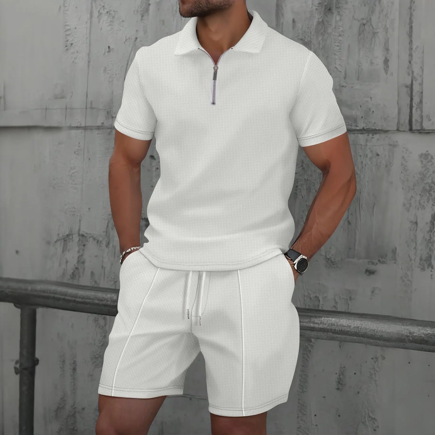 2025 simple men's suit summer new short sleeve shorts two-piece outdoor leisure handsome men's solid color trend suit - Ellianto fashion Men's