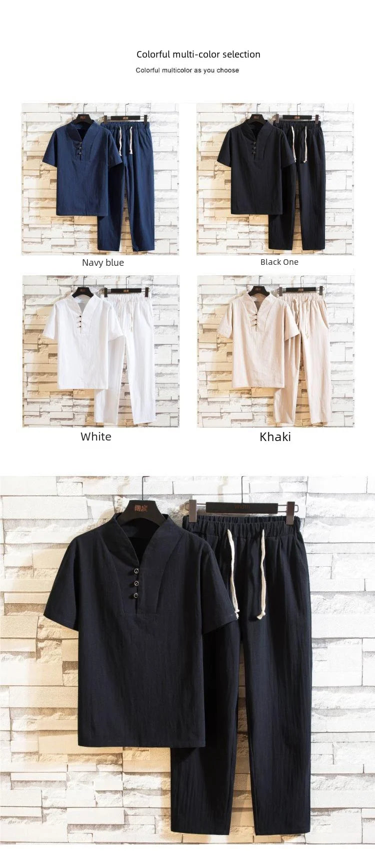 Linen Suit Men's Summer Short Sleeve Hanfu Ancient Buddhist System Zhenshi V-neck T-shirt Cotton Linen 2-piece Set - Ellianto fashion Men's