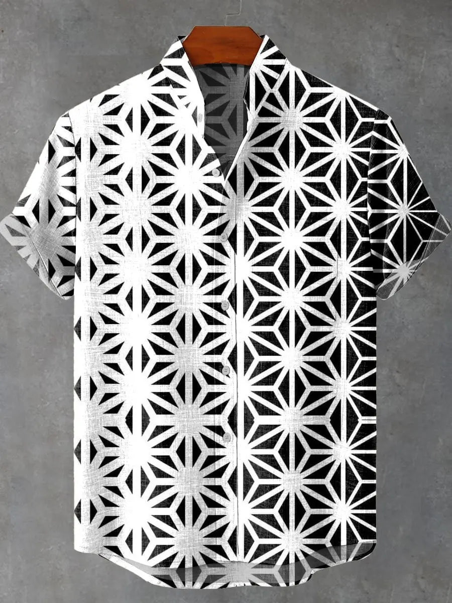 2025 Men's New Hot Selling Cool Checkered Pattern Printed Summer Comfortable Linen Short sleeved Shirt Men's Casual Button Top - Ellianto fashion Men's