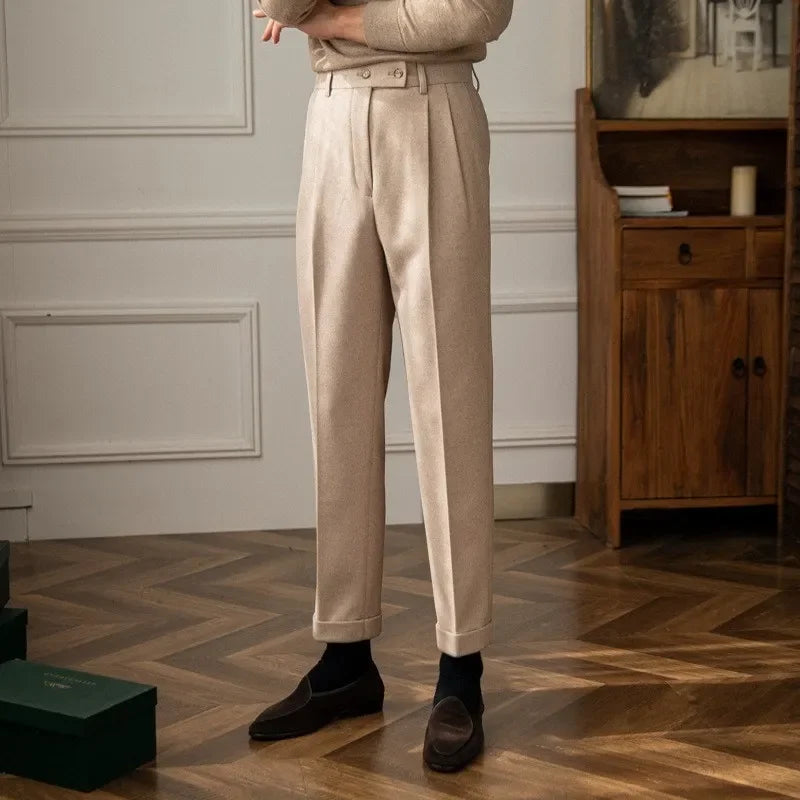 Autumn Winter High-Waisted Woolen Casual Pants For Men Warm Straight-Leg Draped Narrowing Legging Casual Suit Pants