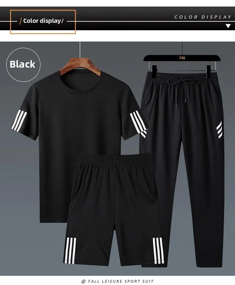 Summer Casual Sports Men's Short Sleeve T-Shirt plus Size Three-Piece Set New Style Long Pants Comfortable Breathable Clothing - Ellianto fashion Men's