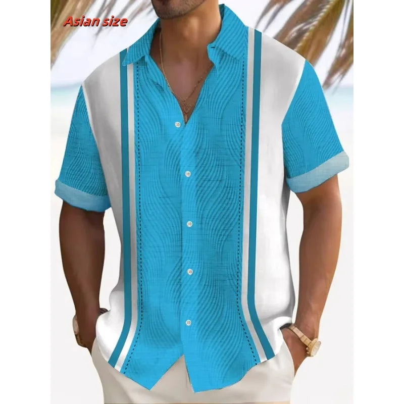 Colorful Stripes Pattern Hawaiian Shirt For Men Color Block 3D Printed Short Sleeve Tops Casual Lapel Aloha Shirts Loose Blouses