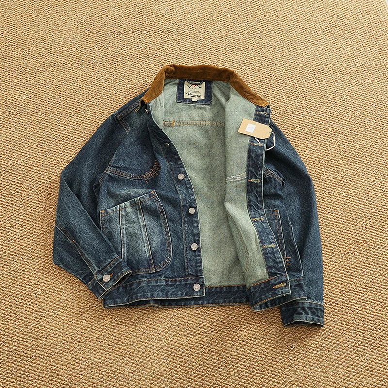 Spring New American Retro Heavyweight Neckline Contrast Color Corduroy Washed Old Cargo Denim Jacket Men's Lapel Casual Coat