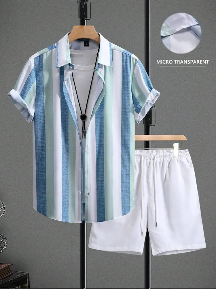 Set New Palm Leaf Print Men's Casual Shirt Hawaiian Men's Beach Shorts Summer Everyday Short-sleeved Shirt And Sports Shorts Set - Ellianto fashion Men's