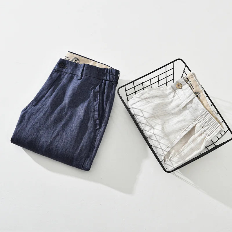 2025 Summer New Casual Pure Linen Slim Pants for Men Clothing Breathable Solid Color Slim-fit Straight Pants EC1359