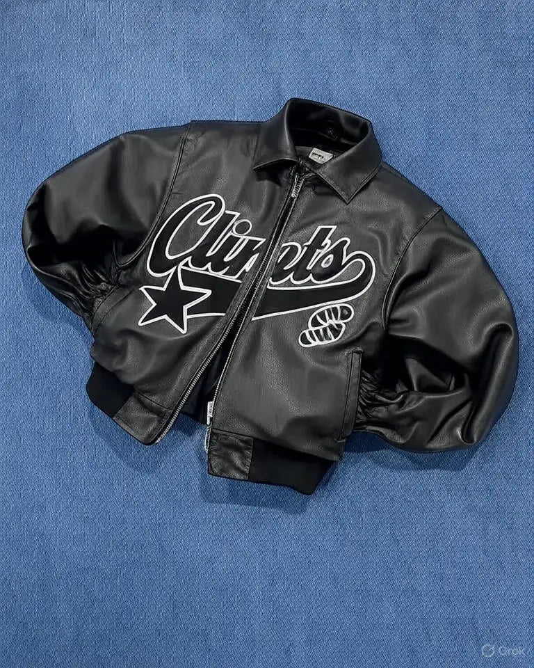 Men Retro Leather Bomber Jacket with Embroidered Star Black Zip Coat Street Style Autumn Winter Casual Outerwear Bold Urban Look