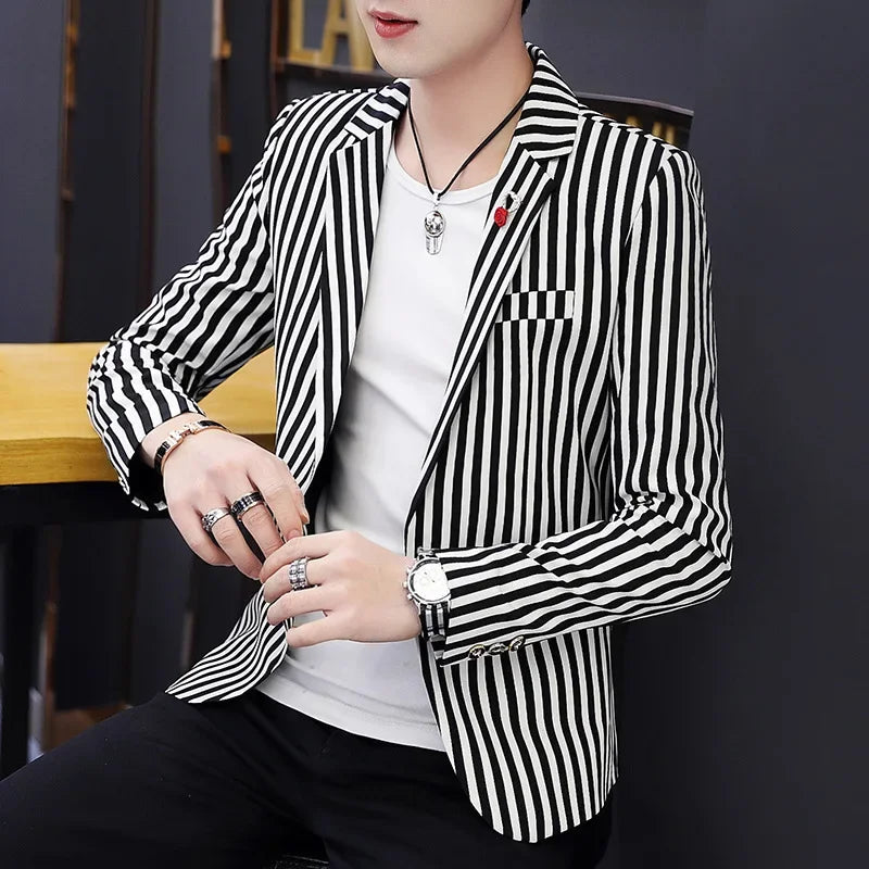 Mens Blazer Jacket 2025 New Suit Male Casual Korean Style Trendy Slim Striped Student Small Suit Jacket Hair Stylist Single Top - Ellianto fashion Men's