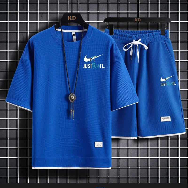 Set 2025 New European and American men's Summer casual cotton and linen short-sleeved shirt + jogging sports shorts 2-piece set - Ellianto fashion Men's