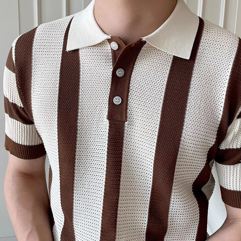 Stylish Mens Slim Short Sleeve Polo Shirts Knitting Striped Contrast Color Polo T Shirt For Men Summer New Casual Buttoned Polos - Ellianto fashion Men's