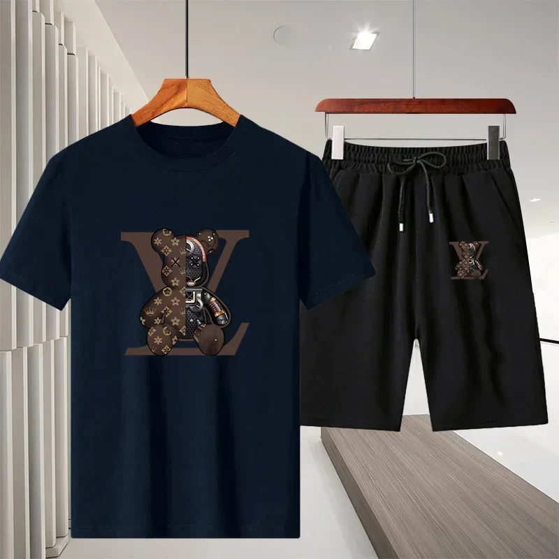 Set 2025 Summer Men's Outdoor Leisure Fitness Jogging Set: Breathable pure cotton short-sleeved T-shirt + quick-drying Shorts, a two - Ellianto fashion Men's