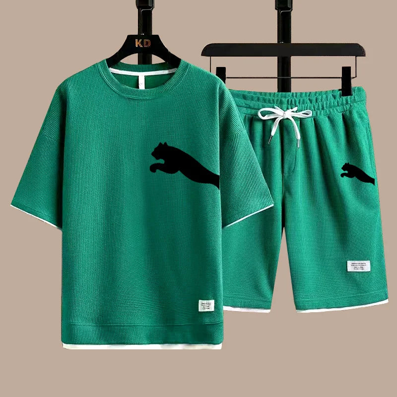 Set 2025 new casual sportswear for men summer two-piece clothing short-sleeved round neck and shorts two fashionable clothes - Ellianto fashion Men's