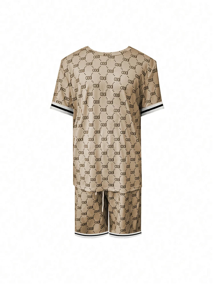 Set Casual Men's Suit Fashion Letter Printed Flower Color Round Neck Short Sleeve Shorts Personalized Trend Two Piece Clothing - Ellianto fashion Men's
