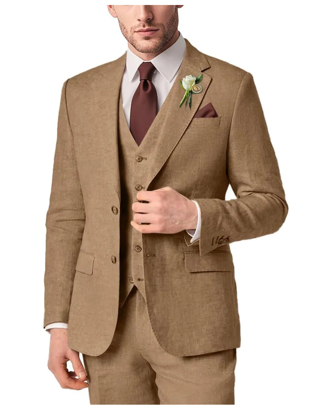 2025 NEW Men's Linen Suit Solid Color 3 pieces Customized Fashion Gentleman Casual Business Party Wedding Formal Office Suit