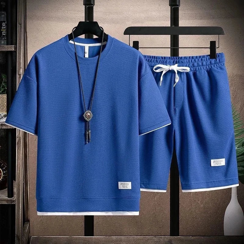 Casual Men's Sportswear Set Summer Short Sleeve Drawstring Shorts Loose Five-Quarter Pants Thin Male Outfit Two-Piece Suit - Ellianto fashion Men's