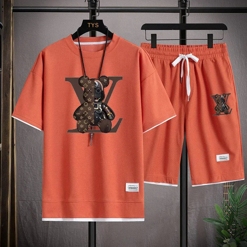 Set 2025 Summer Trend European and American men's sportswear Set: A brand-new outdoor jogging casual breathable short-sleeved T-shir - Ellianto fashion Men's