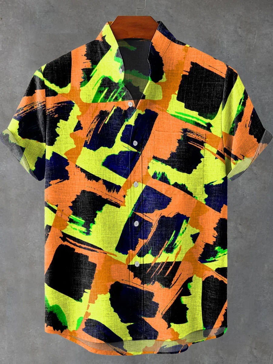 2025 Black Pigment Brush Marking Vintage Printed Casual 100% Line Shirt, Men and Women's Same Short Sleeve Shirt - Ellianto fashion Men's