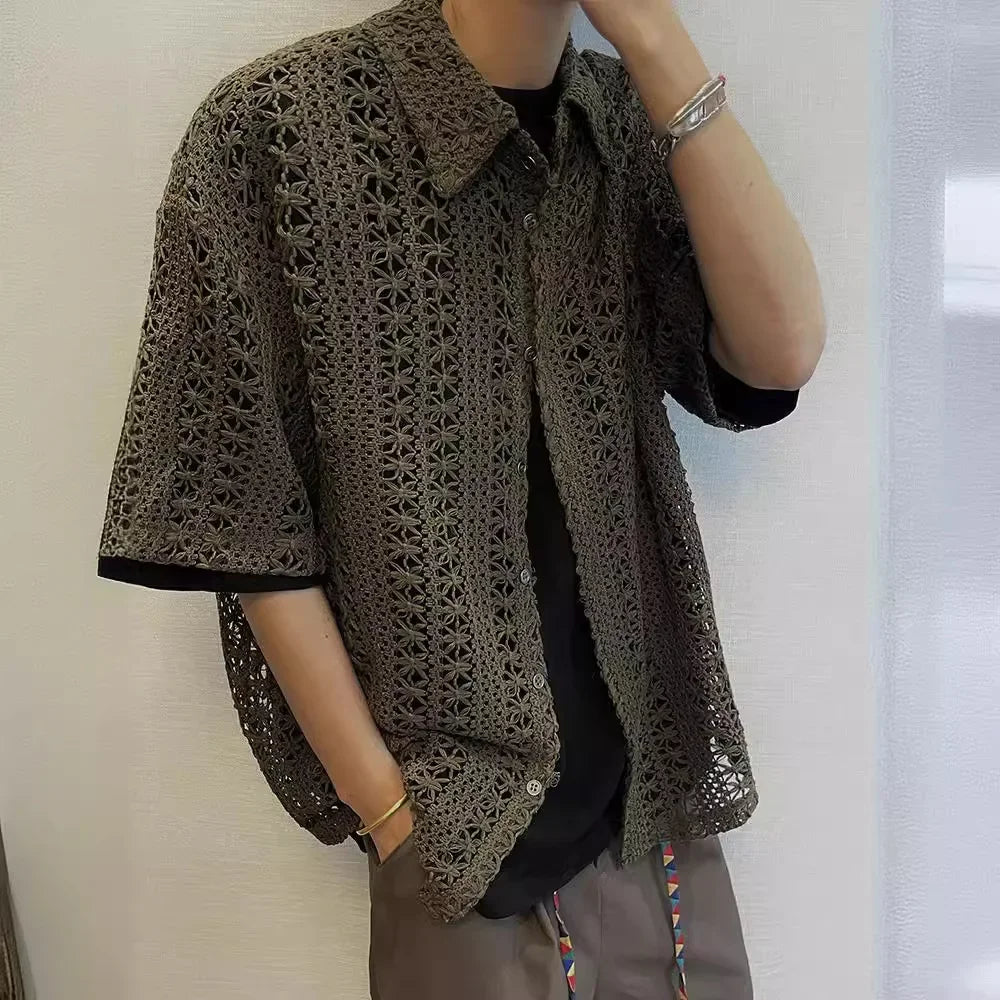 Summer Vintage American-Style Knit Shirt – Breathable, Loose-Fit Comfort and Effortless Military-Green Casual Elegance for the Modern Gentleman