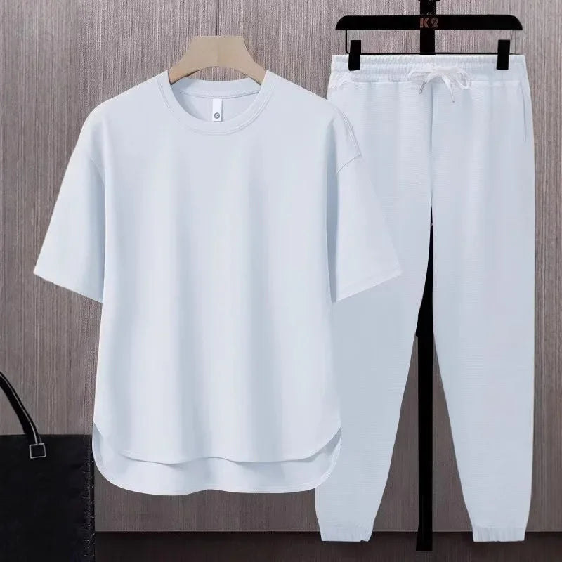Pure Color Men's T-Shirt Set Short Sleeve Summer Trendy Two-Piece Suit Casual Comfortable Breathable Male Model Clothing - Ellianto fashion Men's
